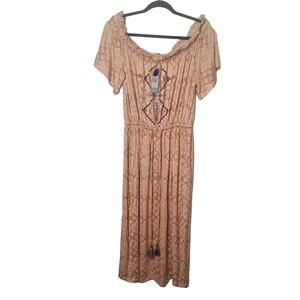 Boho Style Artesia Women's Off Shoulder Prairie Peasant Midi Dress Size L NEW